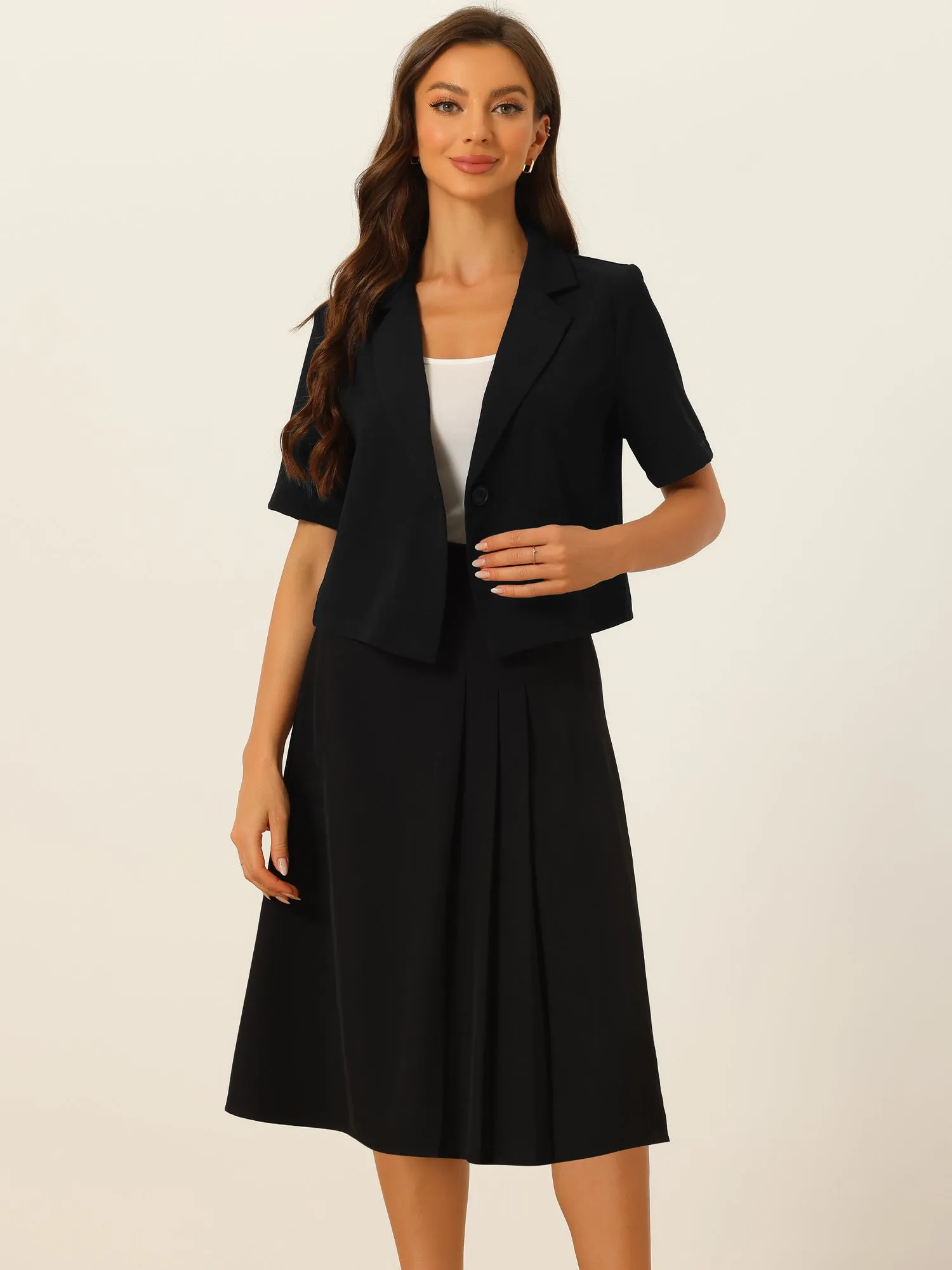 Business Casual Short Sleeves Notched Lapel Blazer & Pleated Midi Skirt Suit Set sold by Allegra K product image thumbnail 3