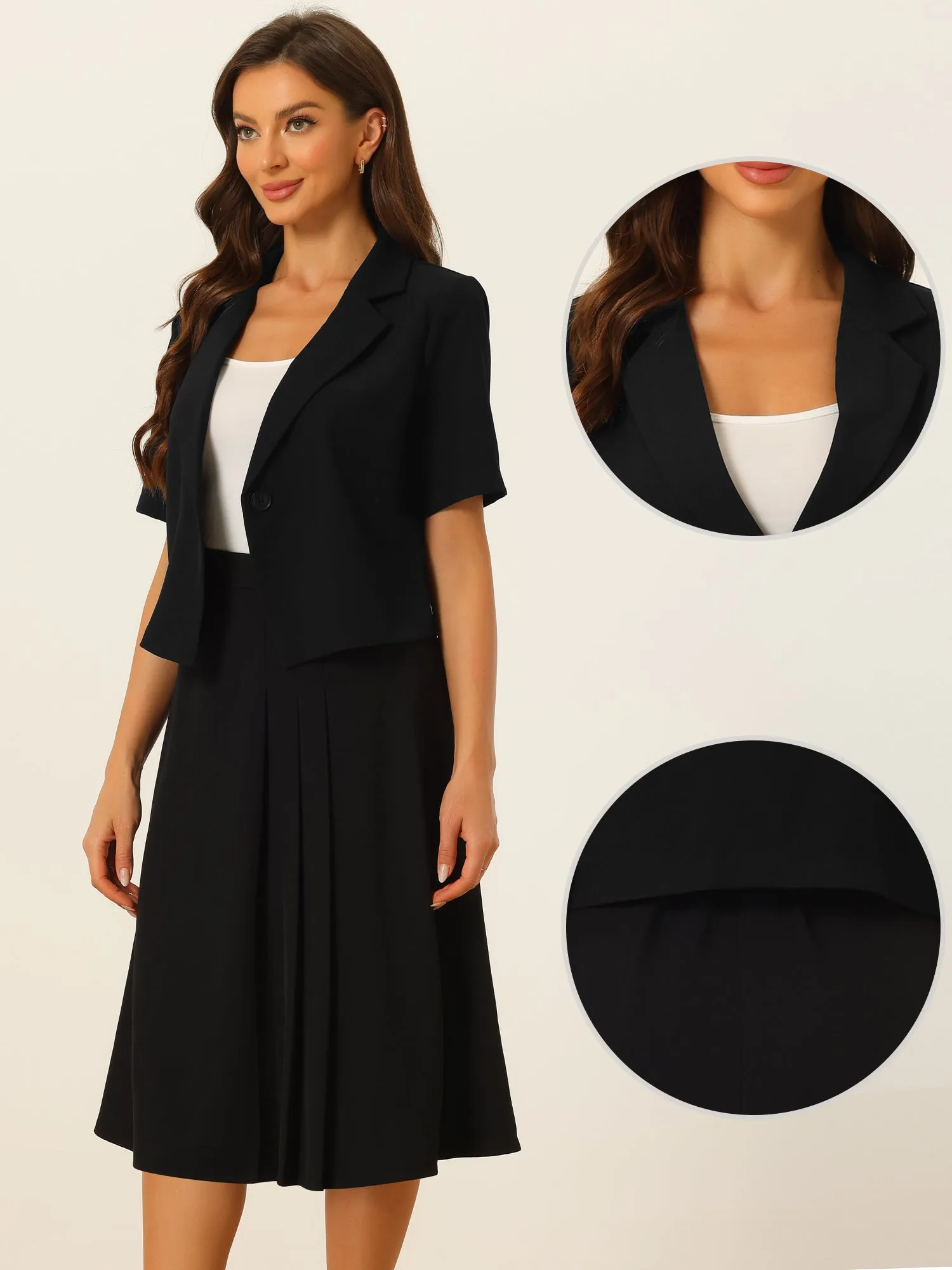 Business Casual Short Sleeves Notched Lapel Blazer & Pleated Midi Skirt Suit Set sold by Allegra K