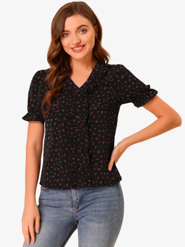 Short Sleeve Ruffle V Neck Cherry Printed Summer Peasant Blouse sold by Allegra K