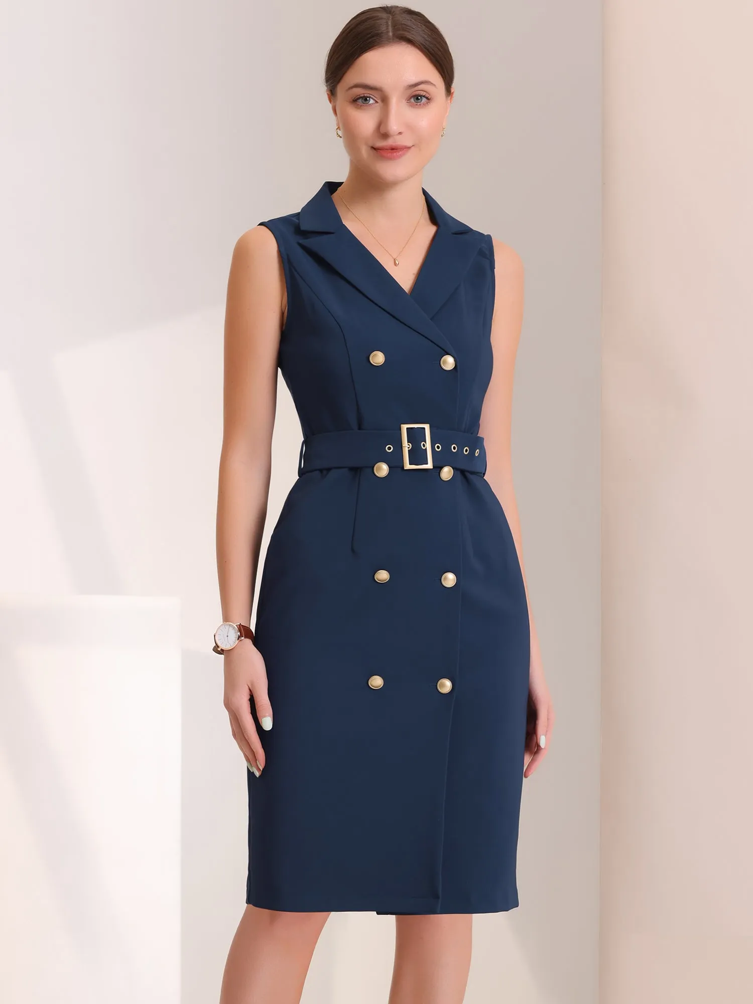 Sleeveless Notched Lapel Double Breasted Belted Office Blazer Dress sold by Allegra K