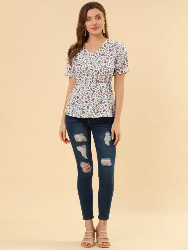 Floral Peasant Peplum Ruffle Hem Short Sleeve V-Neck Summer Blouse sold by Allegra K