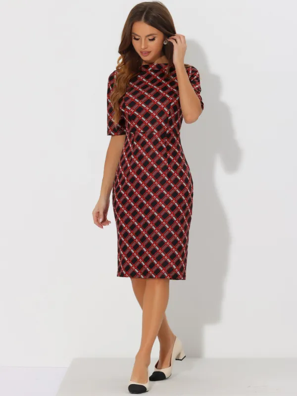 Short Sleeve Work Office Check Pencil Bodycon Plaid Dress sold by Allegra K