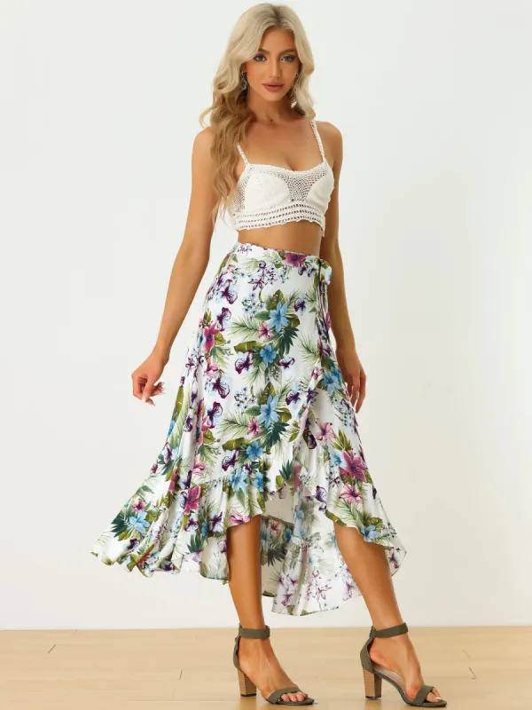 Women's Tropical Floral Print Ruffle Self Tie Knot Split Beach Wrap Midi Skirt sold by Allegra K