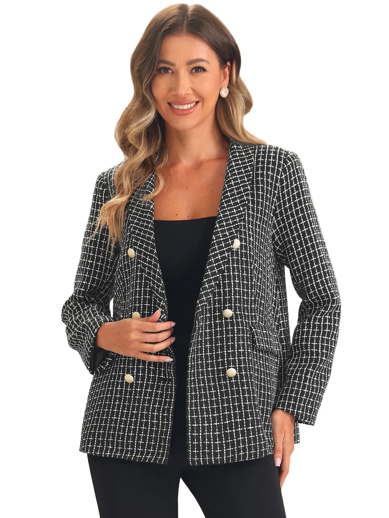 Tweed Shawl Lapel Button Front Plaid Jacket Blazer sold by Allegra K product image thumbnail 5