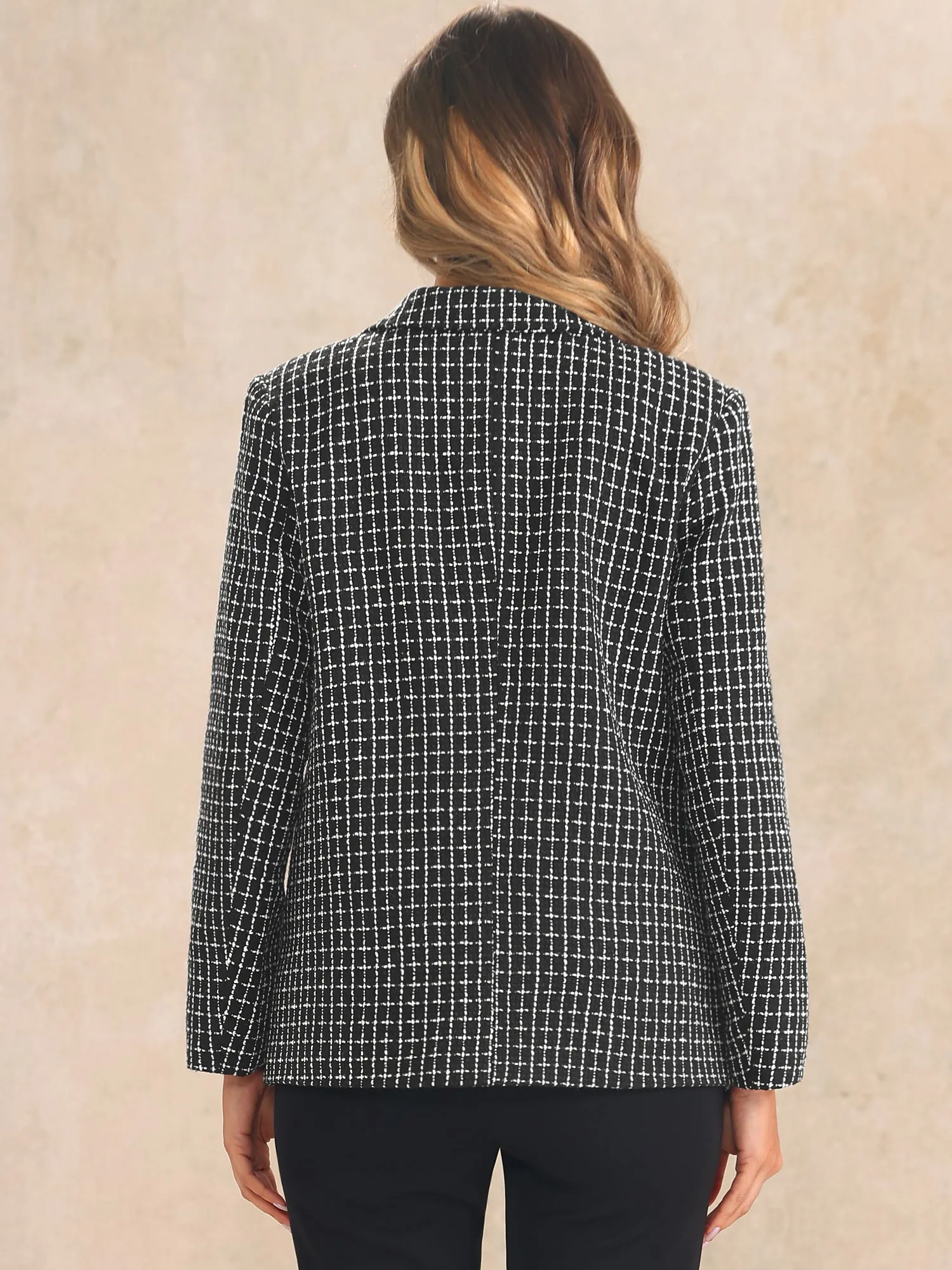 Tweed Shawl Lapel Button Front Plaid Jacket Blazer sold by Allegra K product image thumbnail 3