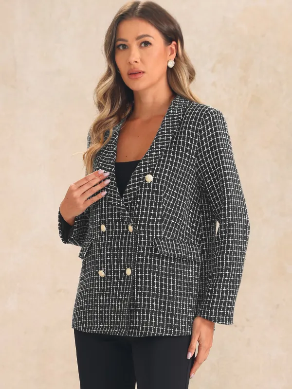 Tweed Shawl Lapel Button Front Plaid Jacket Blazer sold by Allegra K