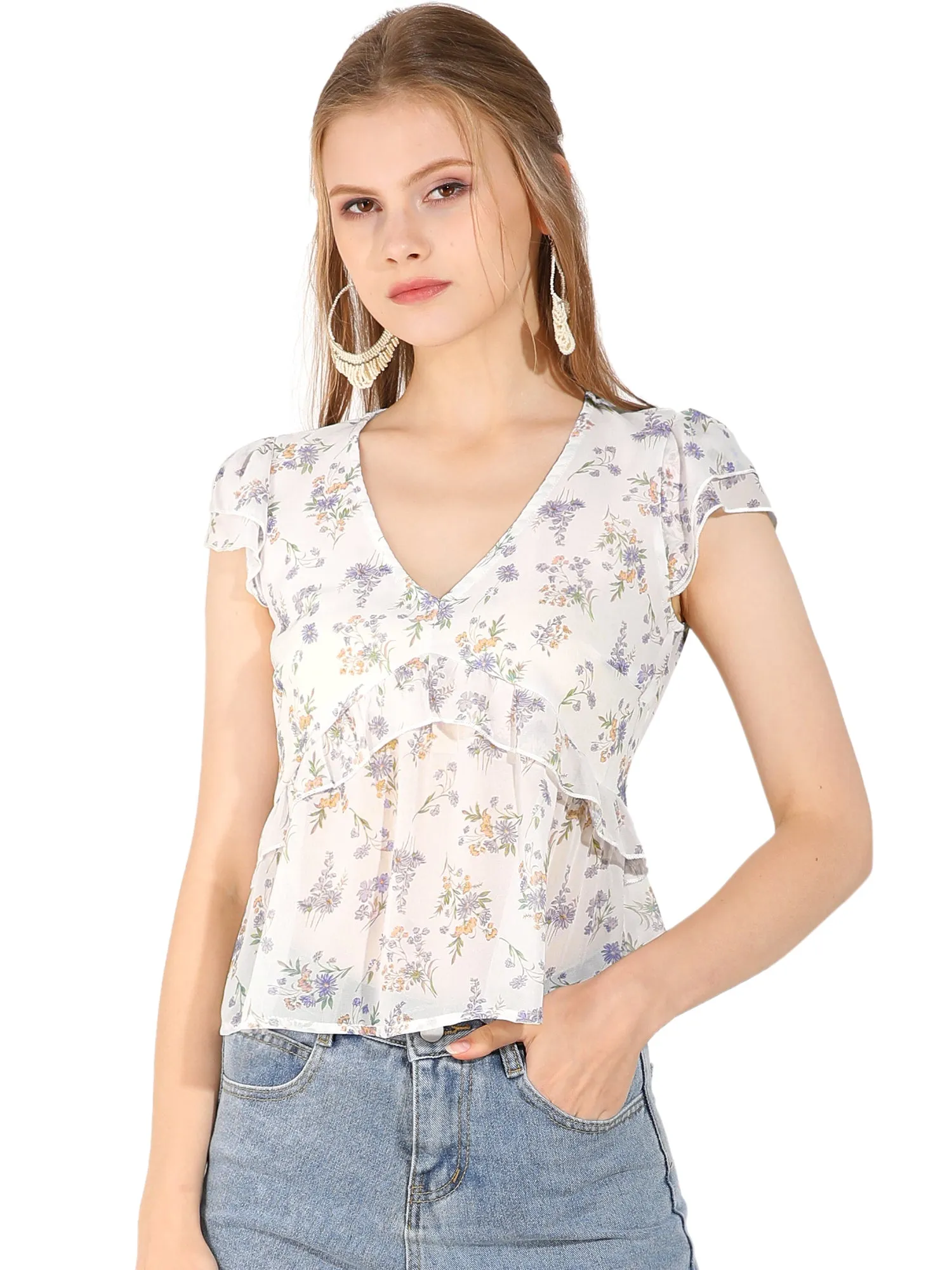 Ruffle Front Deep V Neck Cinched Waist Flare Sleeve Floral Top sold by Allegra K product image thumbnail 2