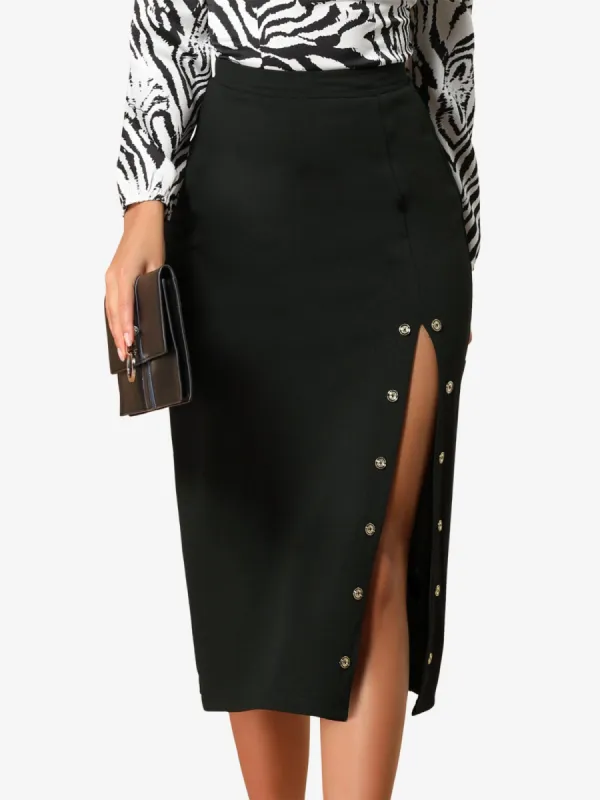 Elastic Waist High Slit Solid Causal Button Decor A-Line Midi Skirt sold by Allegra K