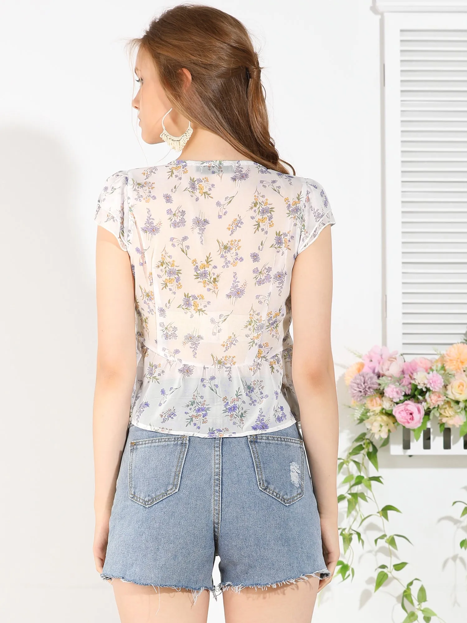 Ruffle Front Deep V Neck Cinched Waist Flare Sleeve Floral Top sold by Allegra K product image thumbnail 4