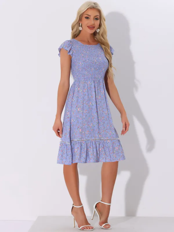 Midi Smocked Cap Short Sleeve Floral Fit and Flare Dress sold by Allegra K