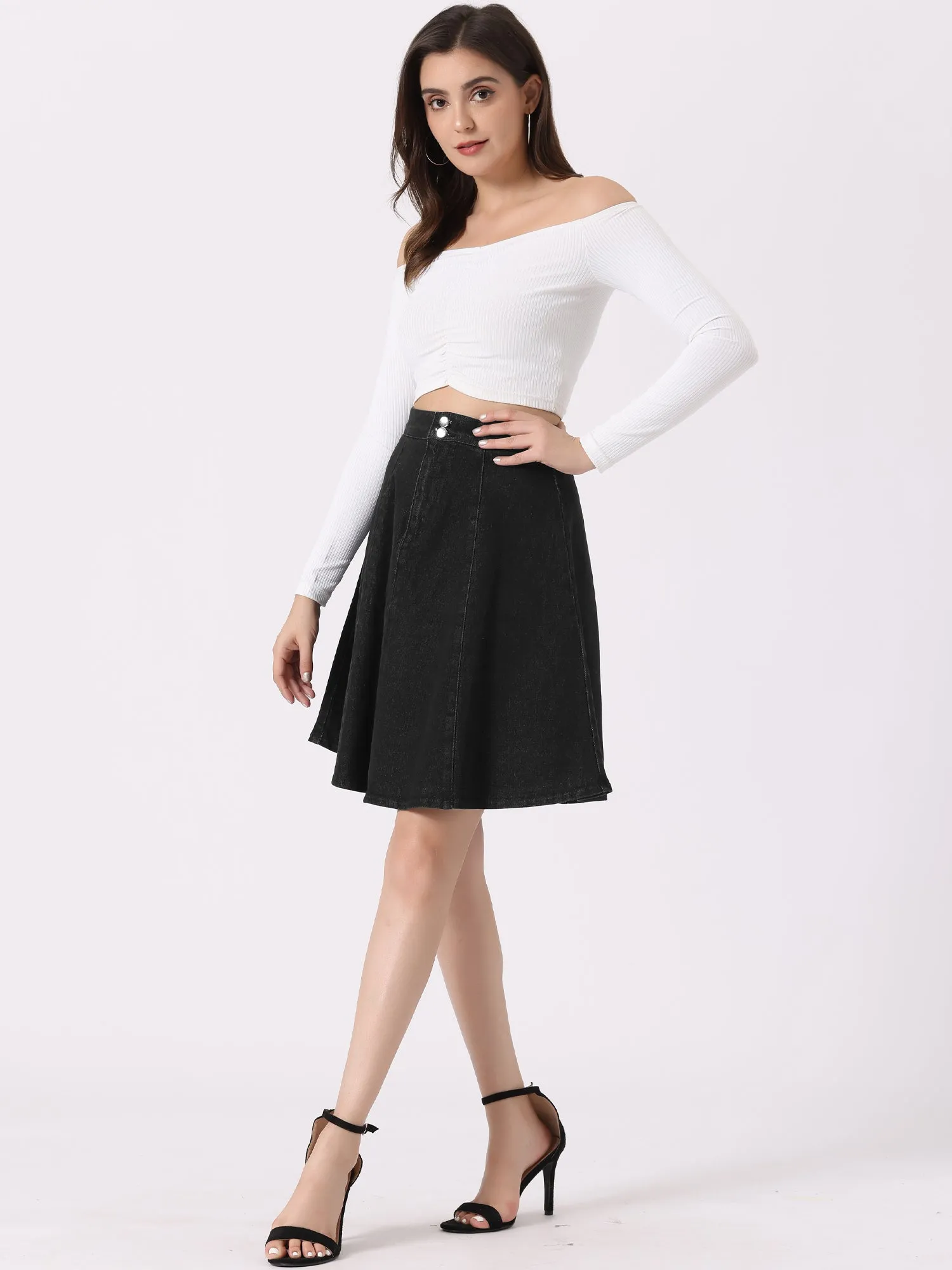 High Waisted A-Line Flared Casual Denim Midi Jean Skirt sold by Allegra K product image thumbnail 5