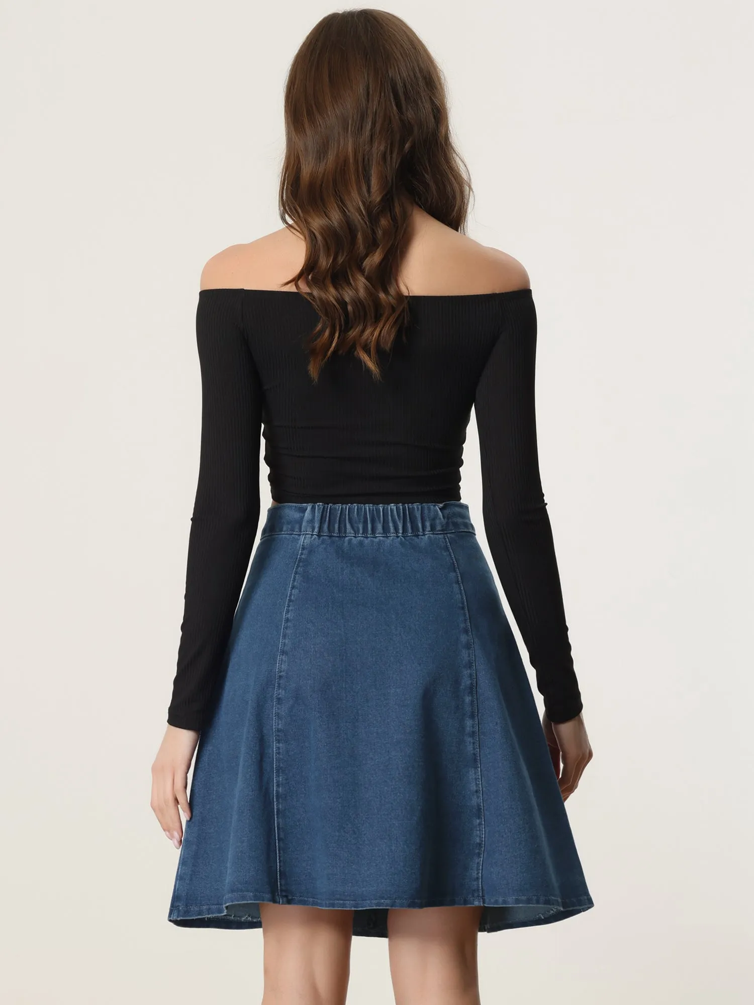 High Waisted A-Line Flared Casual Denim Midi Jean Skirt sold by Allegra K product image thumbnail 3