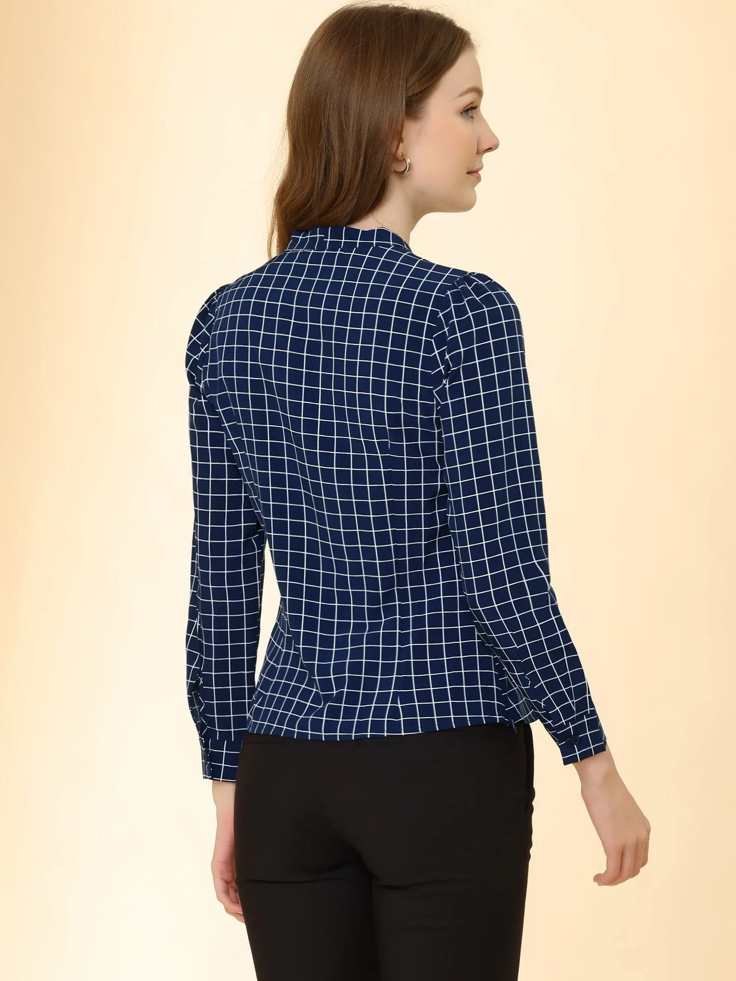 Elegant Bow Tie Neck Puff Long Sleeve Plaid Top Work Shirt Blouse sold by Allegra K product image thumbnail 5