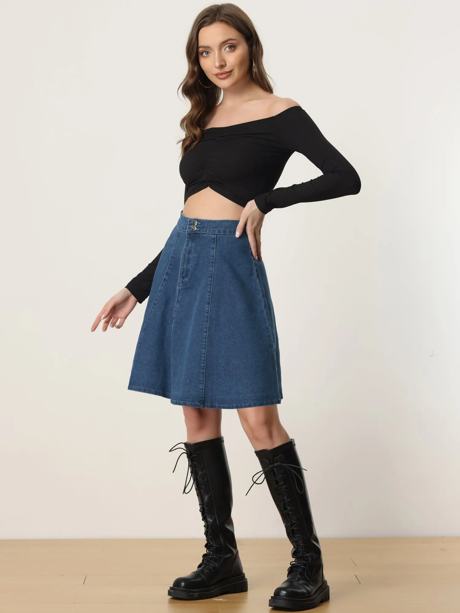 High Waisted A-Line Flared Casual Denim Midi Jean Skirt sold by Allegra K