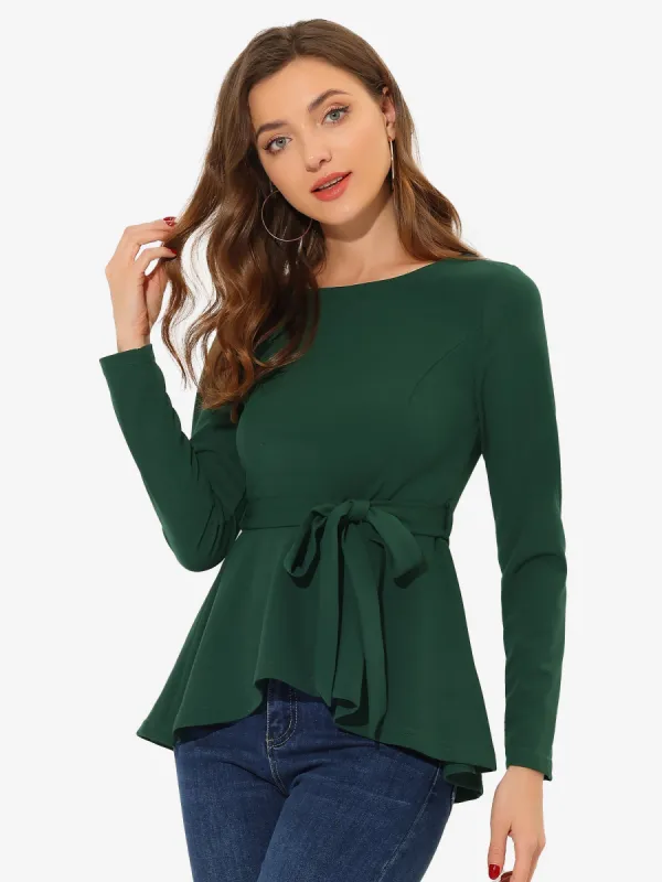 Ruffle Peplum Elegant Long Sleeve Self Tie Waist Work Blouse sold by Allegra K