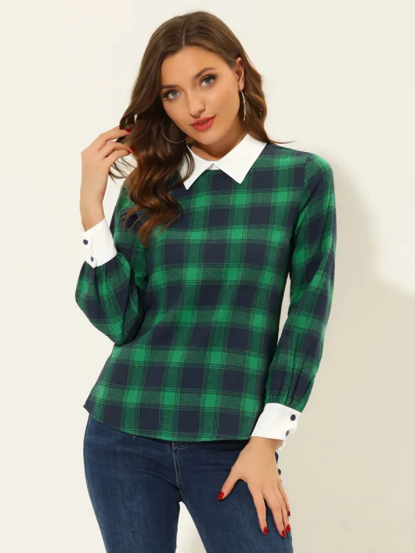 Contrast Turndown Collar Button Back Check Plaid Work Shirt sold by Allegra K