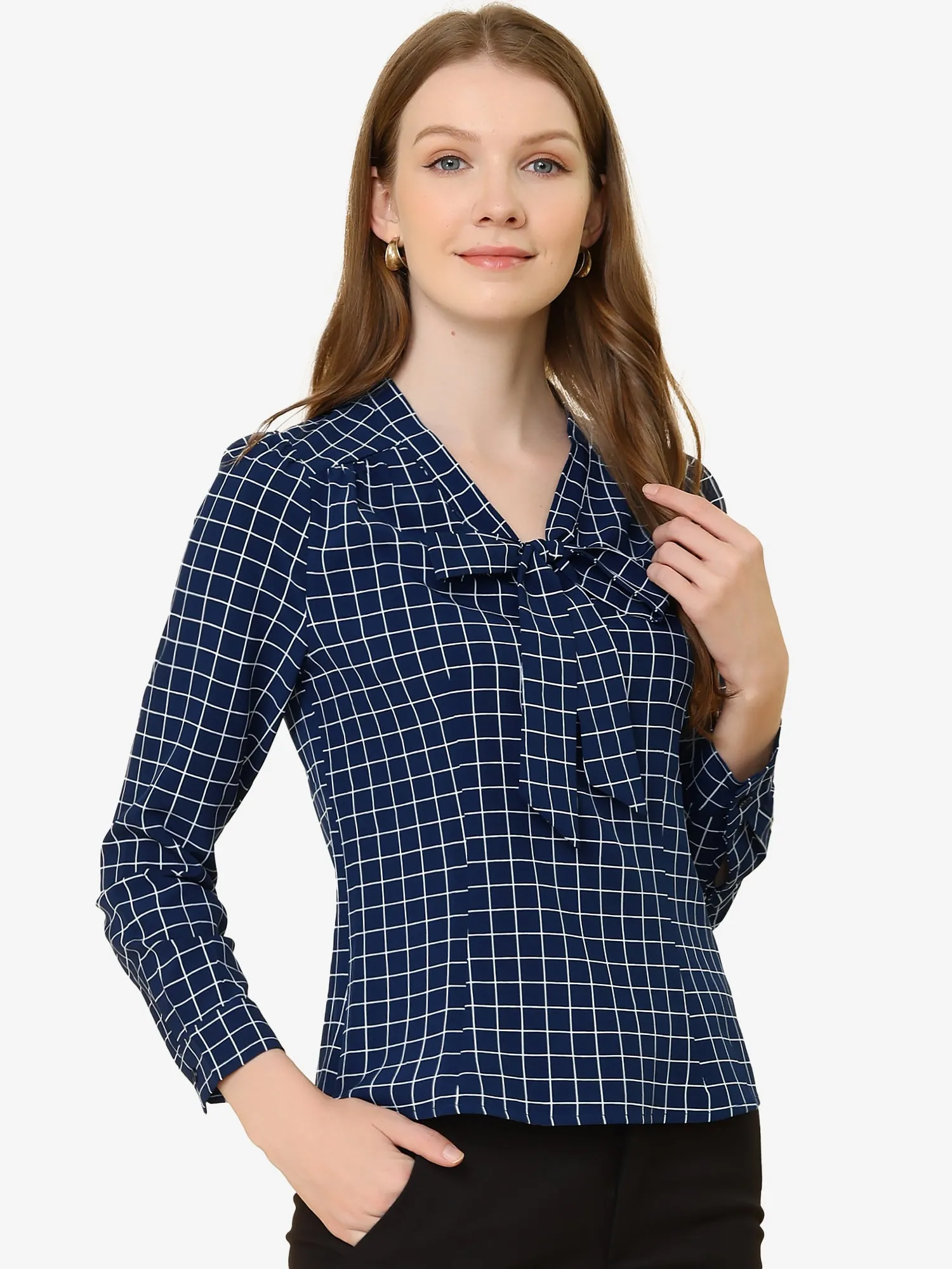 Elegant Bow Tie Neck Puff Long Sleeve Plaid Top Work Shirt Blouse sold by Allegra K