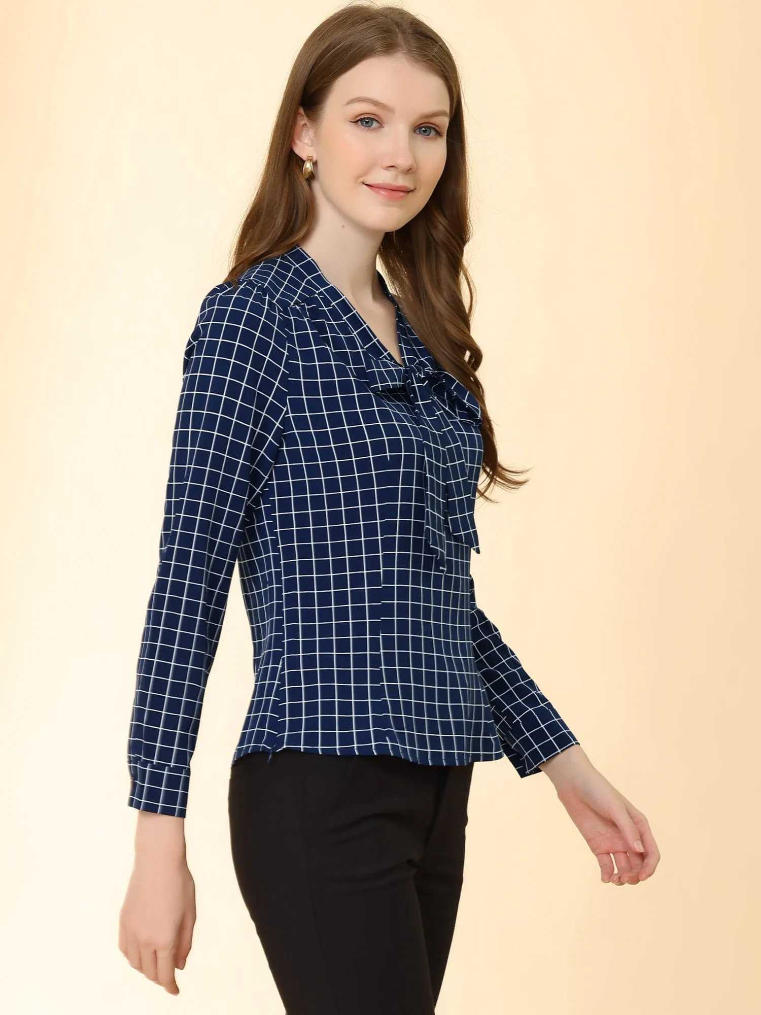 Elegant Bow Tie Neck Puff Long Sleeve Plaid Top Work Shirt Blouse sold by Allegra K product image thumbnail 4