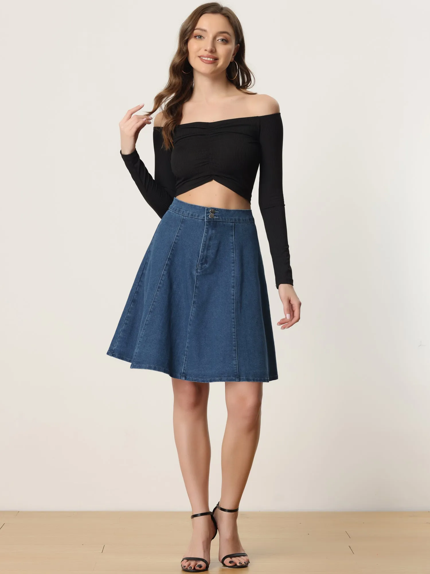 High Waisted A-Line Flared Casual Denim Midi Jean Skirt sold by Allegra K product image thumbnail 2