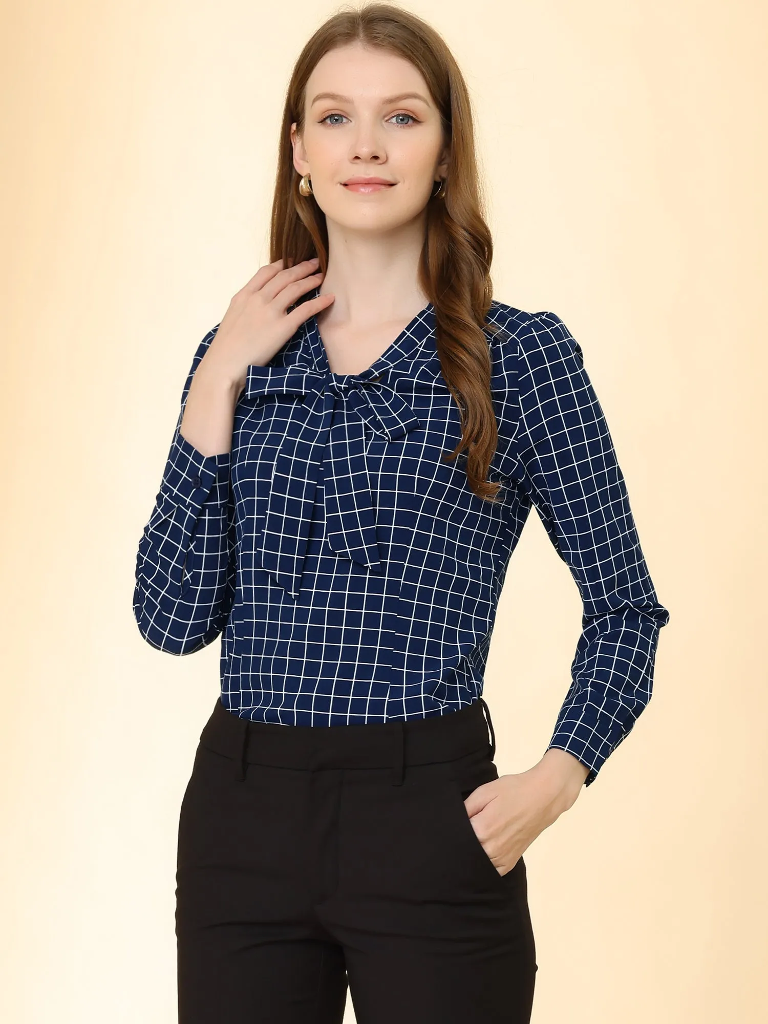 Elegant Bow Tie Neck Puff Long Sleeve Plaid Top Work Shirt Blouse sold by Allegra K product image thumbnail 3