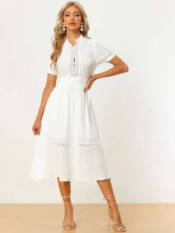 Lace V Neck Hollow Out Smocked High Waist Flowy A Line Midi Dress sold by Allegra K