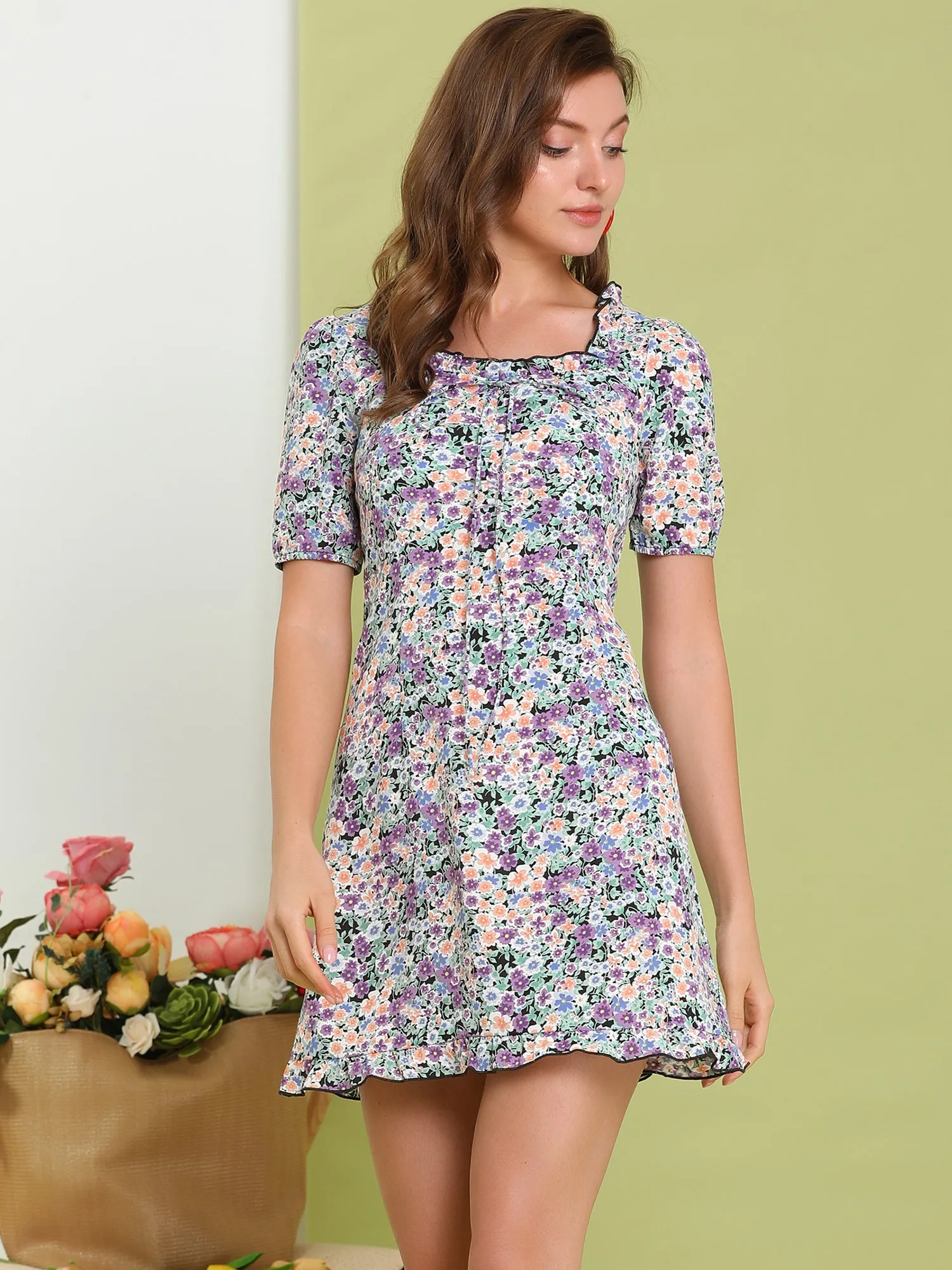 Floral Ruffle Square Neck Short Sleeve Summer Mini Dress sold by Allegra K product image thumbnail 2