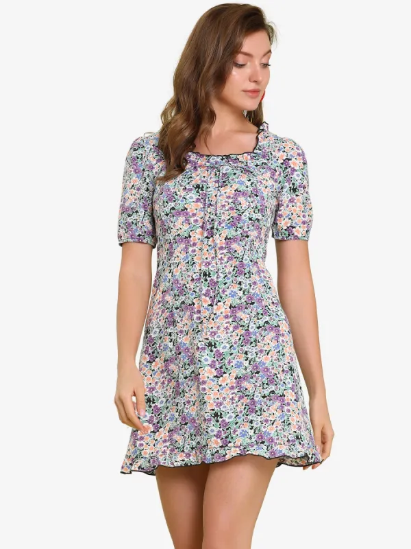 Floral Ruffle Square Neck Short Sleeve Summer Mini Dress sold by Allegra K