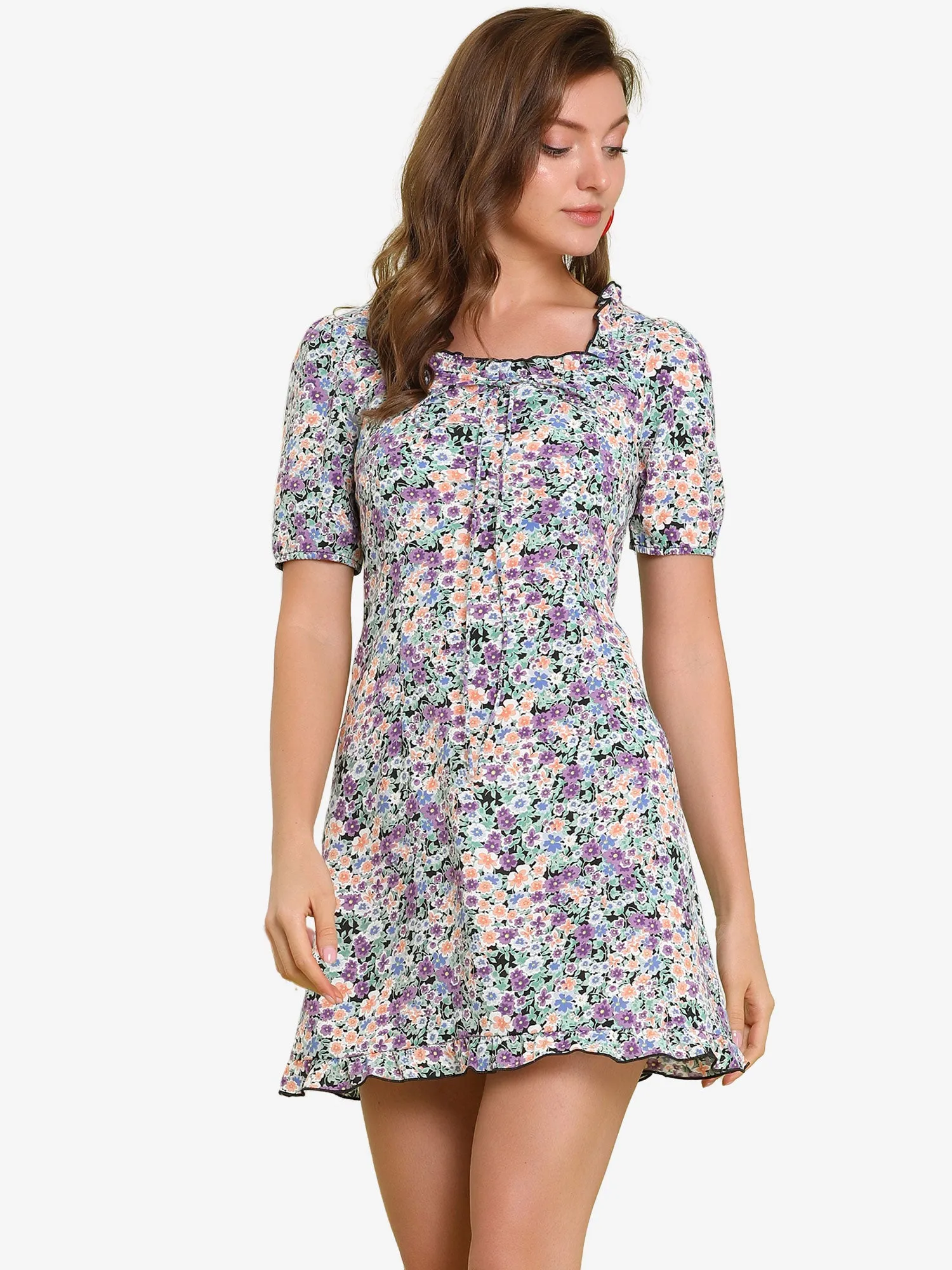 Floral Ruffle Square Neck Short Sleeve Summer Mini Dress sold by Allegra K