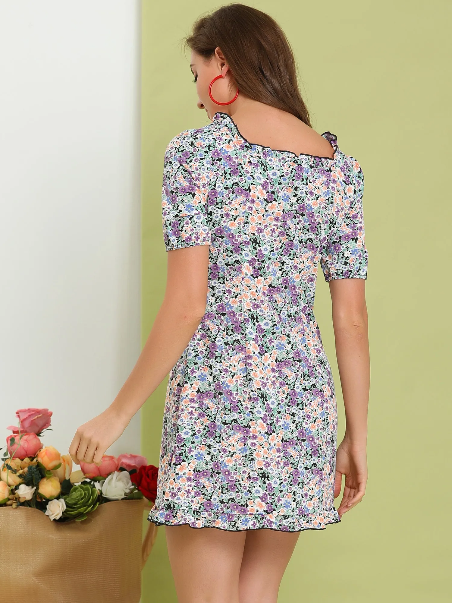 Floral Ruffle Square Neck Short Sleeve Summer Mini Dress sold by Allegra K product image thumbnail 5