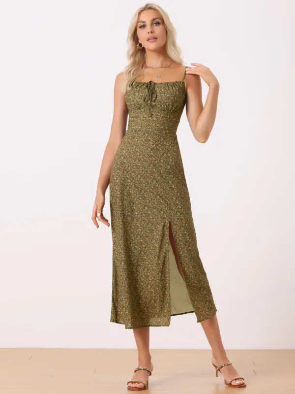 Floral Spaghetti Strap Casual Low Cut Midi Slit Dress sold by Allegra K