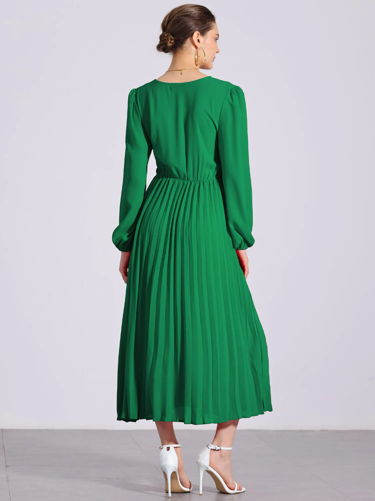 Pleated V Neck Puff Sleeve Tie Waist A-Line Maxi Dress sold by Allegra K product image thumbnail 3