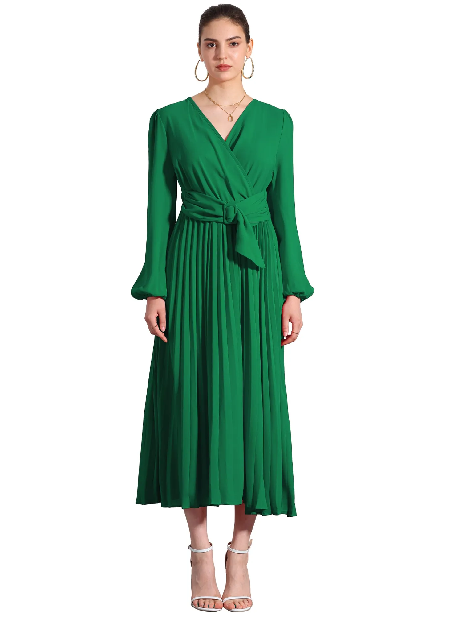 Pleated V Neck Puff Sleeve Tie Waist A-Line Maxi Dress sold by Allegra K product image thumbnail 4