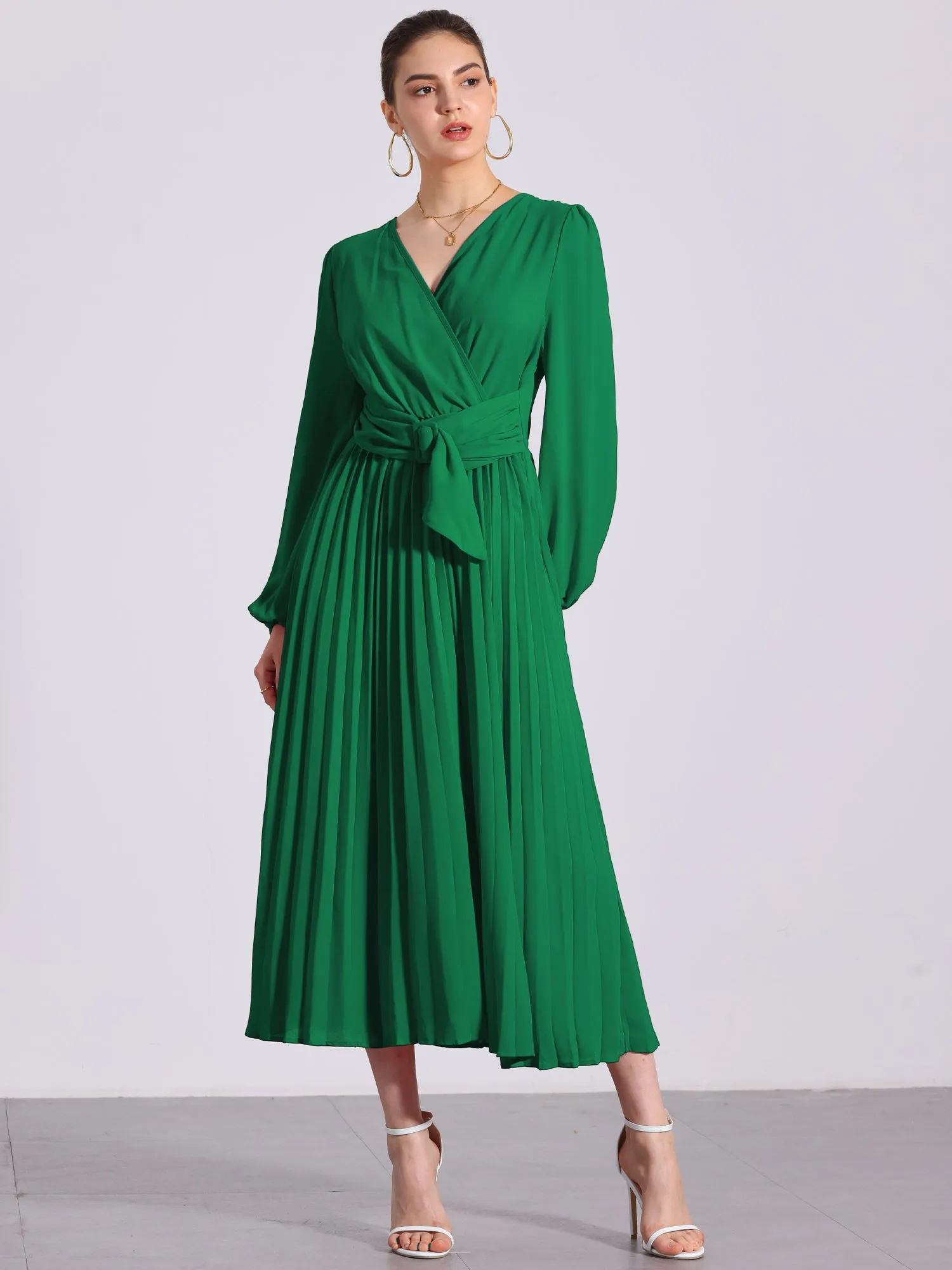 Pleated V Neck Puff Sleeve Tie Waist A-Line Maxi Dress sold by Allegra K