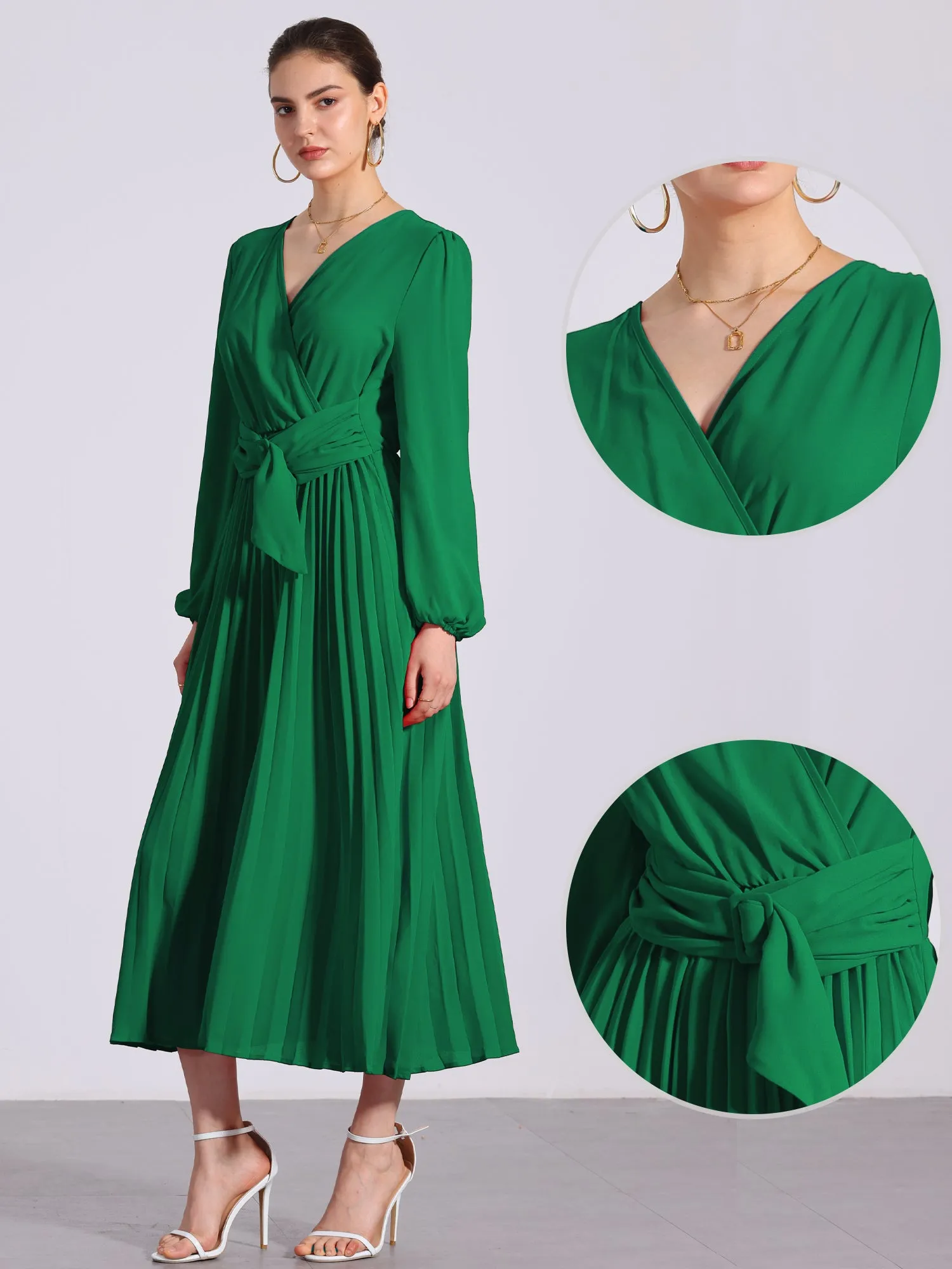 Pleated V Neck Puff Sleeve Tie Waist A-Line Maxi Dress sold by Allegra K product image thumbnail 2