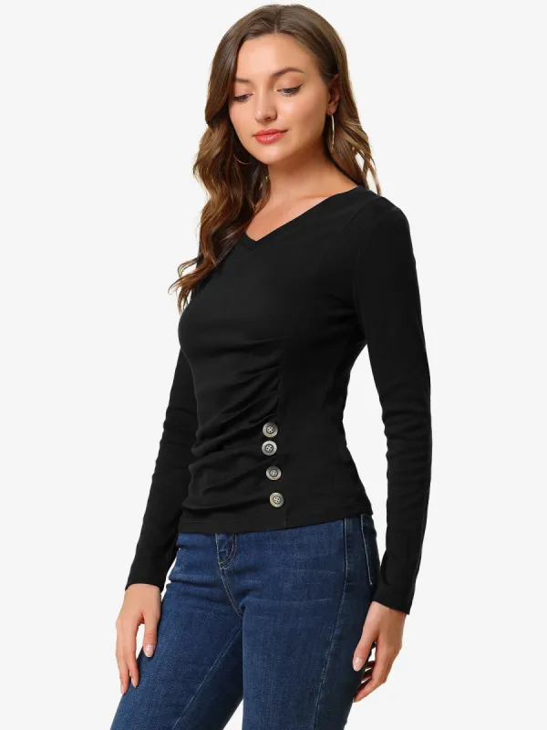 Button Decor V Neck Knit Casual Ruched Long Sleeve Blouse Top sold by Allegra K