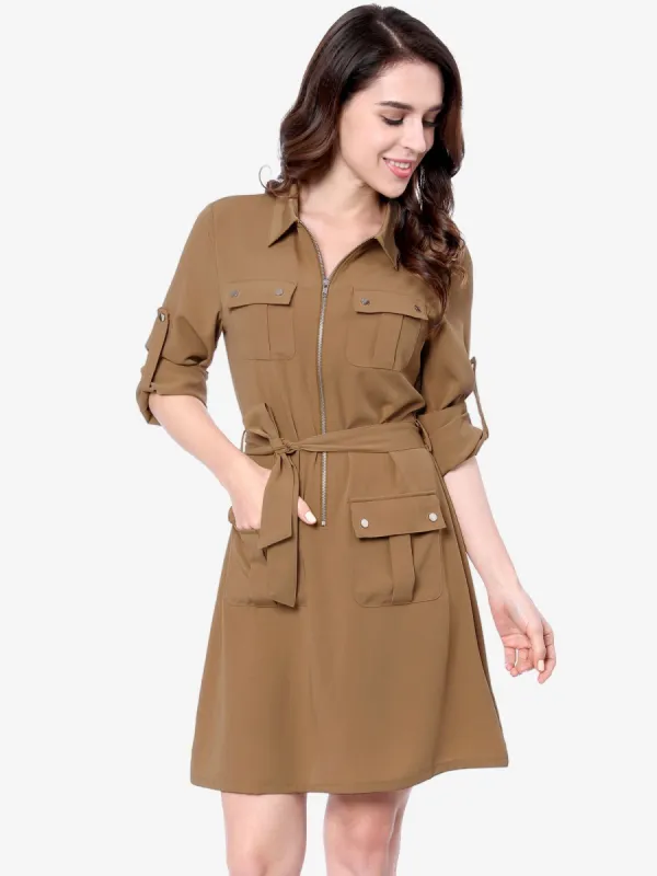 Roll Up Sleeve Multi-Pocket Safari Belted Collared Shirt Dress sold by Allegra K