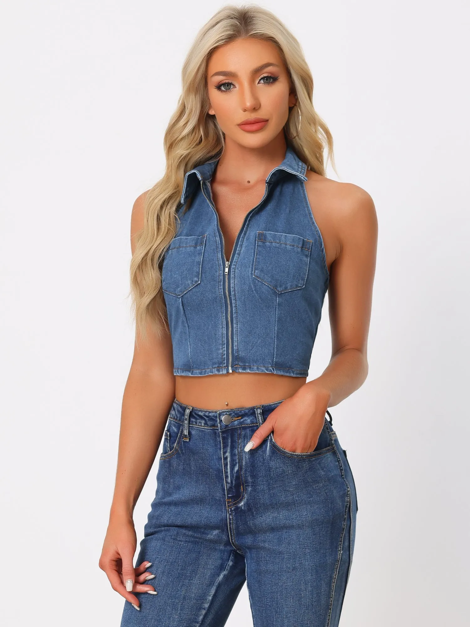Halter Denim Zipper Up Collared Sleeveless Jean Corset Crop Top sold by Allegra K product image thumbnail 2