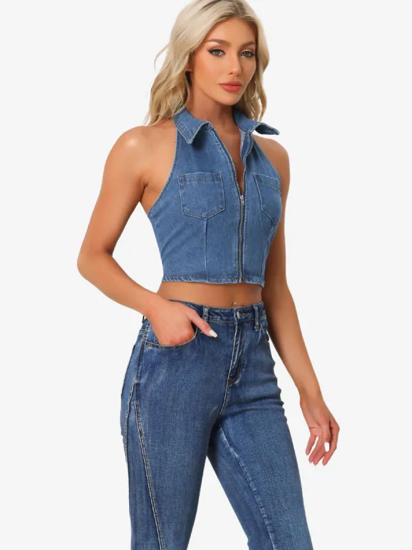 Halter Denim Zipper Up Collared Sleeveless Jean Corset Crop Top sold by Allegra K