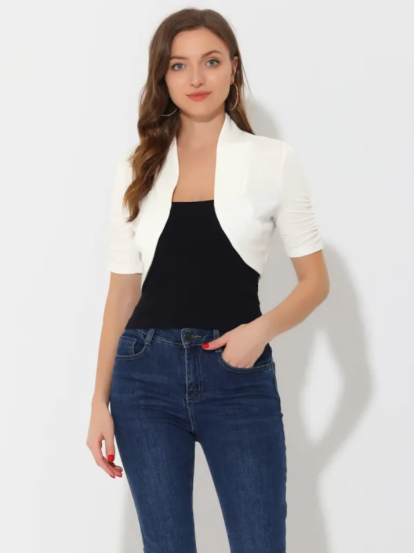 Short Ruched Sleeve Open Front Knit Cropped Bolero Shrugs sold by Allegra K