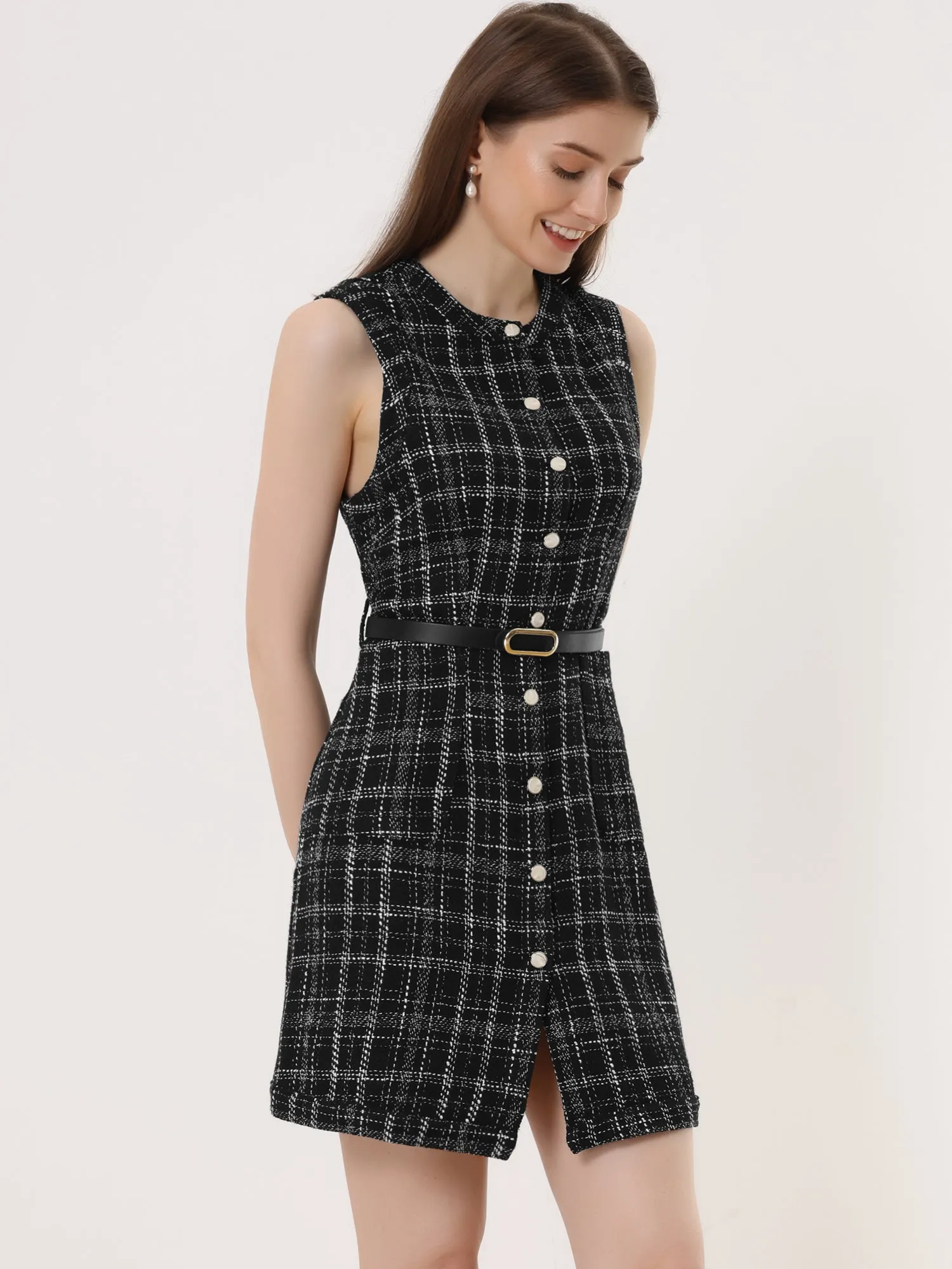 Vintage Pinafore Round Neck Button Down Sleeveless Plaid Tweed Dress sold by Allegra K product image thumbnail 3
