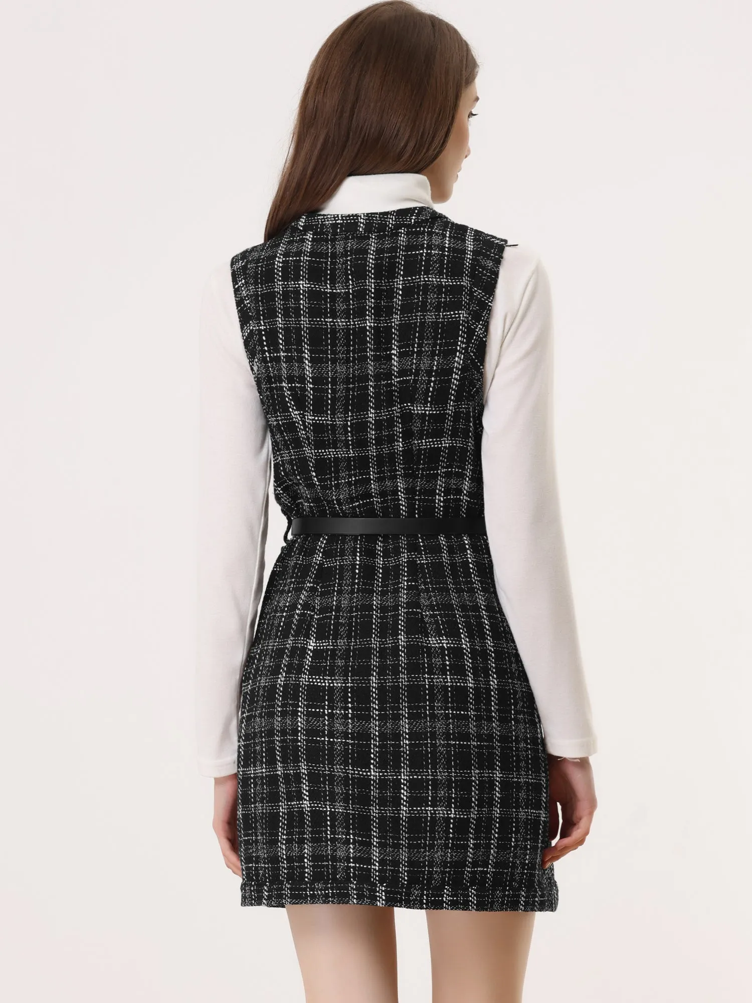 Vintage Pinafore Round Neck Button Down Sleeveless Plaid Tweed Dress sold by Allegra K product image thumbnail 2
