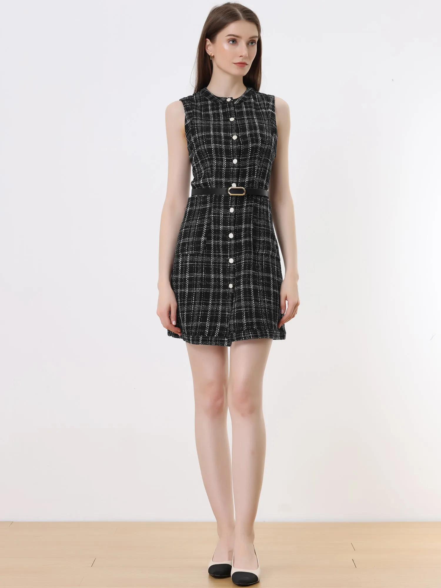 Vintage Pinafore Round Neck Button Down Sleeveless Plaid Tweed Dress sold by Allegra K