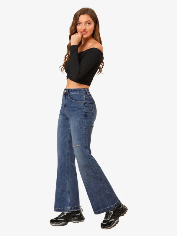 Flare Bell Wide Leg High Waist Distressed Ankle Denim Pants Jeans sold by Allegra K