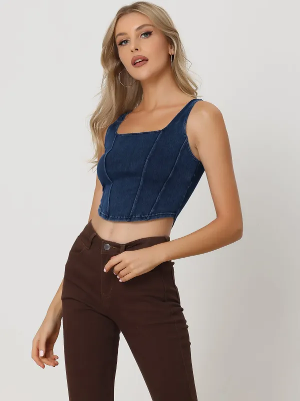 Women's Denim Sleeveless Top Square Neck Cropped Stretch Tank Top sold by Allegra K