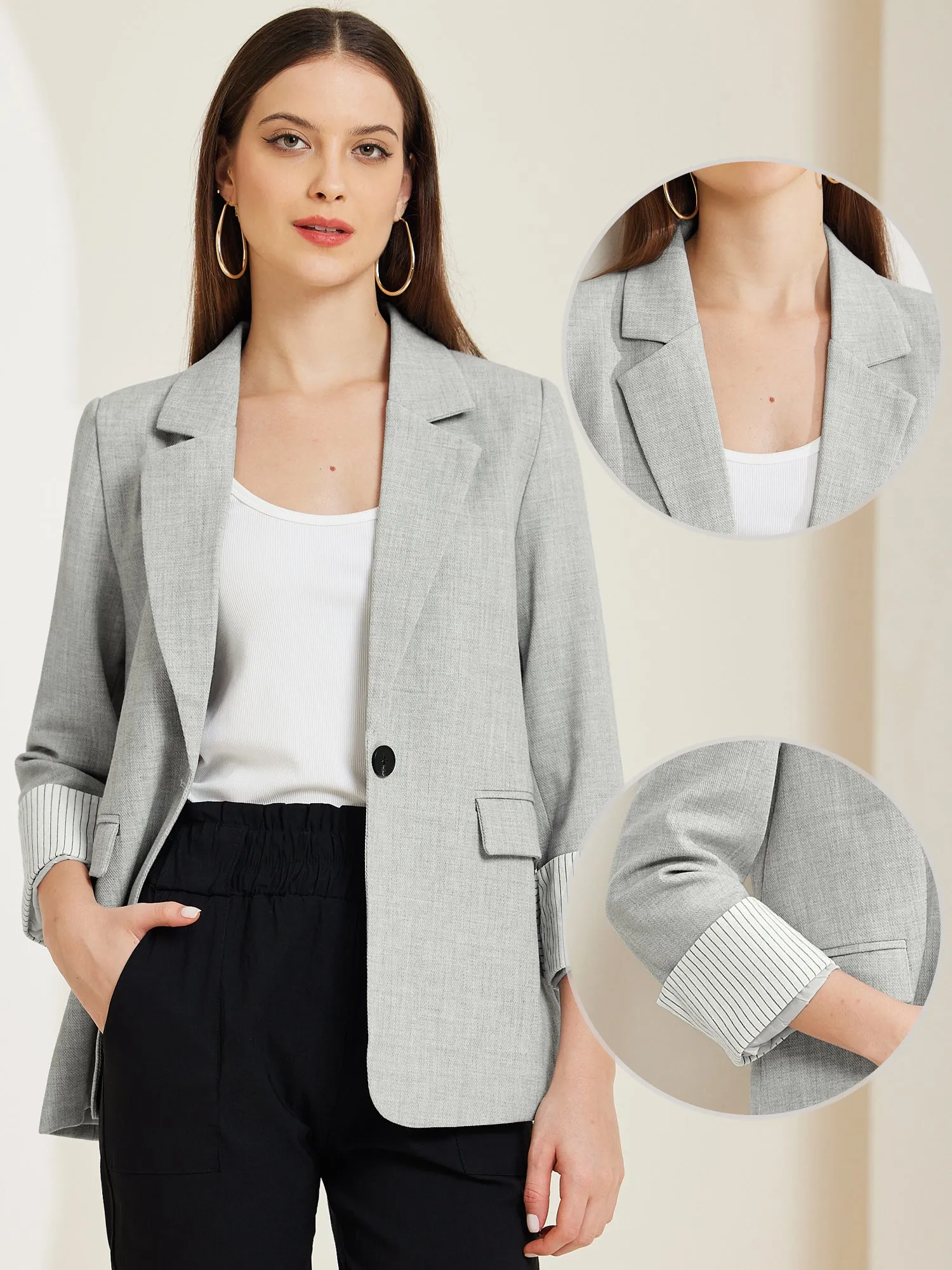 Notched Lapel One Button Roll Up Sleeve Office Work Blazer sold by Allegra K product image thumbnail 2