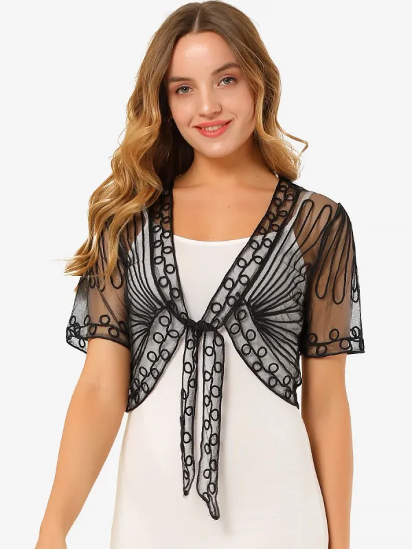 Elegant Mesh Tie Front Bolero Cardigan Sheer Lace Shrug Top sold by Allegra K