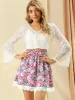 Floral Print Elastic Waist A-Line Lace Scalloped Hem Mini Skirt sold by Allegra K