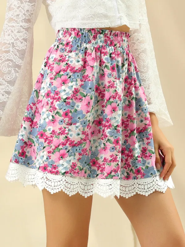 Floral Print Elastic Waist A-Line Lace Scalloped Hem Mini Skirt sold by Allegra K
