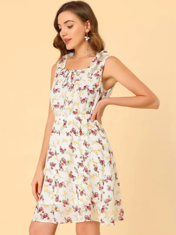 Ruffled Square Neck Sleeveless Floral Chiffon Midi Dress Sundress sold by Allegra K