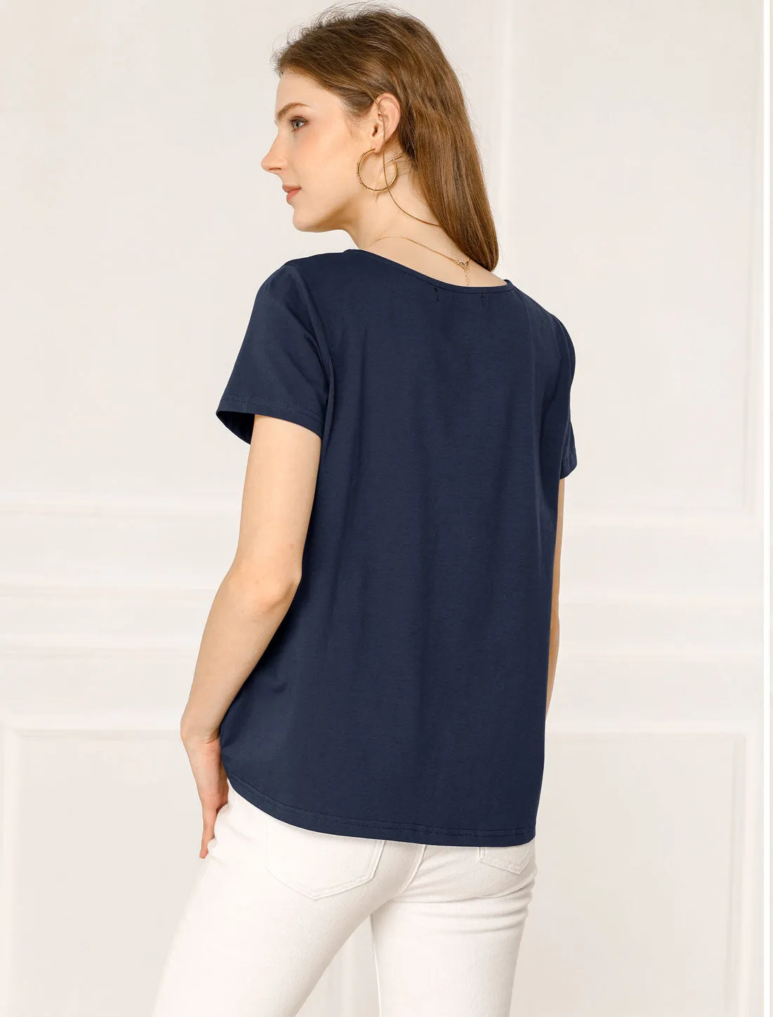 Basic Solid Round Neck Short Sleeve Lace Inset Pleated Front T-shirt sold by Allegra K product image thumbnail 5